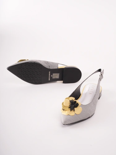 EPICA Damen Ballerinas mit freiem Absatz gestreift weiß und schwarz mit gelber Blume (5)