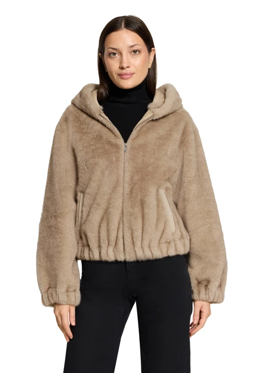 GIL BRET Damen-Pelzjacke in Beige mit Kapuze