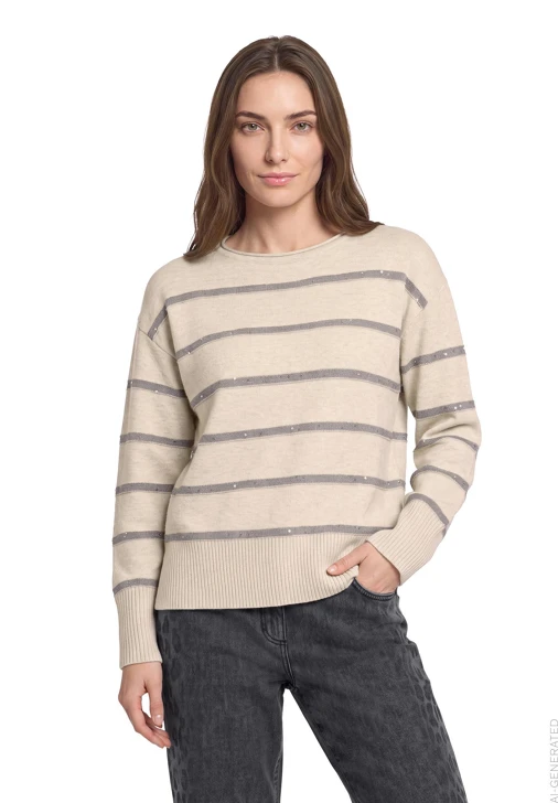 BETTY BARCLAY Damenpullover in Beige mit grauen Streifen und Pailletten