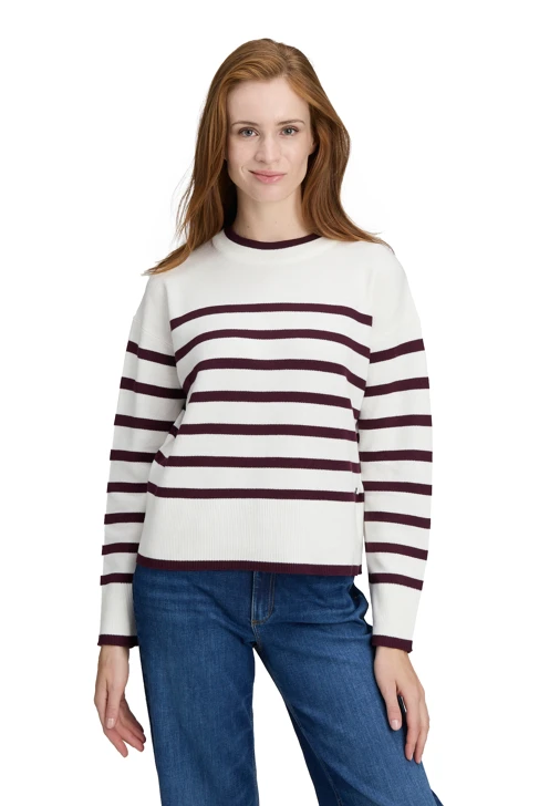 BETTY & CO weißer Damenpullover mit burgunderroten Streifen
