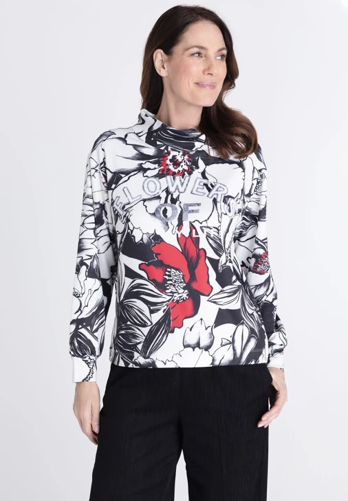 FRANK WALDER Damen-Sweatshirt, weiß, mit FLOWER-Aufdruck