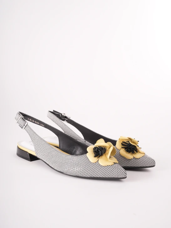 EPICA Damen Ballerinas mit freiem Absatz gestreift weiß und schwarz mit gelber Blume