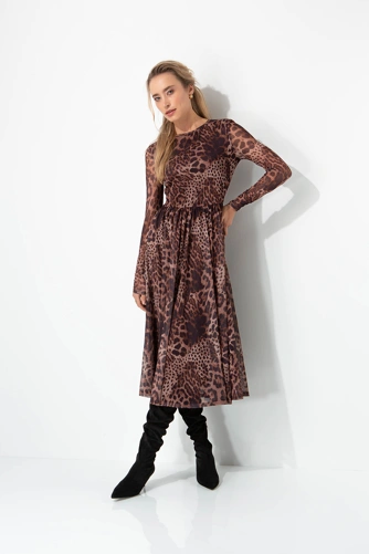 CATNOIR Damenkleid aus Netzstoff mit Leopardenmuster in Cognac