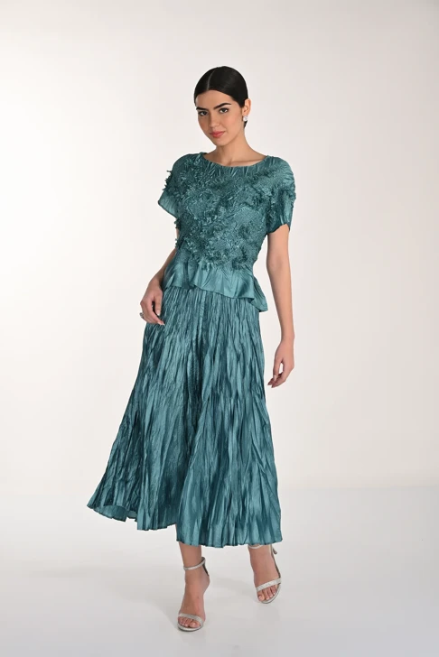 FRANK LYMAN Damen Faltenrock mit Bluse petrol