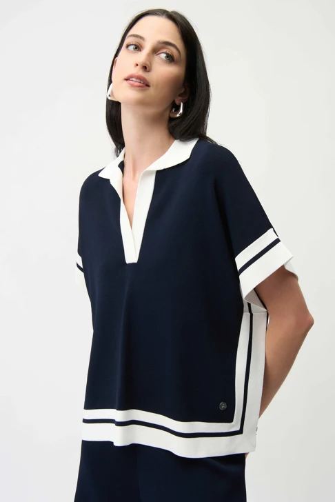 JOSEPH RIBKOFF Damen blauer Strickpullover mit weißen Blöcken