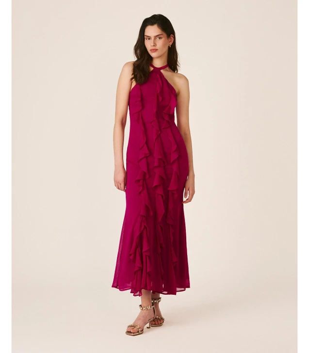 ALMA EN PENA Damen-Maxikleid mit Rundhalsausschnitt in FUXIA
