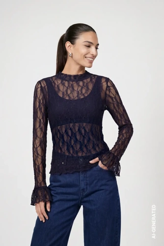 MONARI STUDIO BLUE Damen-T-Shirt mit Spitze, dunkelblau