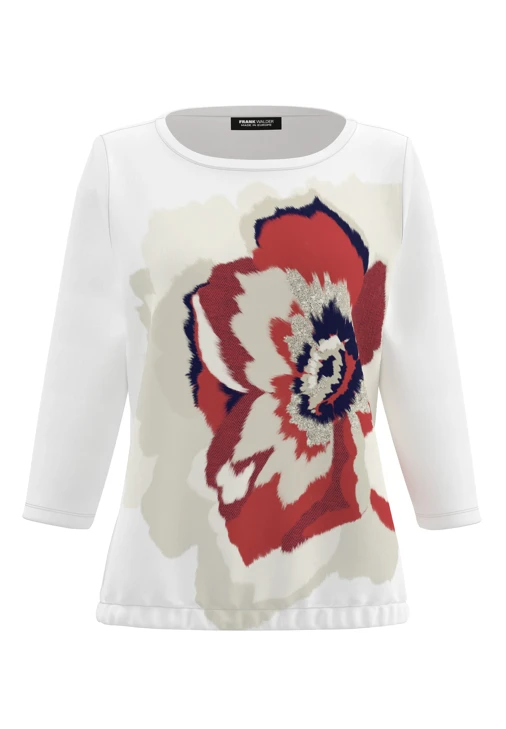 FRANK WALDER Damen Shirt hellbeige mit buntem Druck 3/4 Ärmel