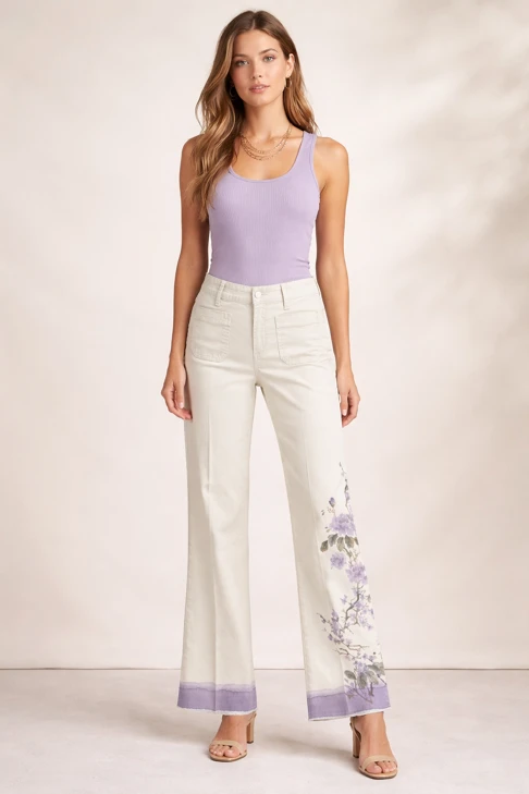 CAMBIO TESS beigefarbene Damenhose mit floralem Motiv