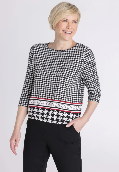 FRANK WALDER Damen-T-Shirt, schwarz-beige, gemustert