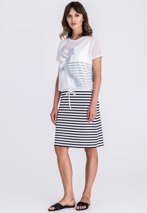 TUZZI COLLEGE Damen Kleid weiß und schwarz gestreift mit transparenter Bluse