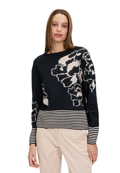 BETTY BARCLAY Damen blauer Pullover mit beigen Streifen und Blumen