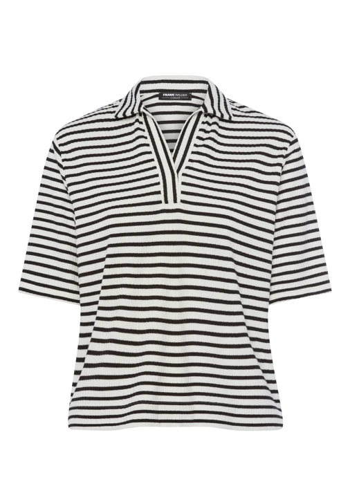 FRANK WALDER Damen Poloshirt weiß und schwarz gestreift gestrickt