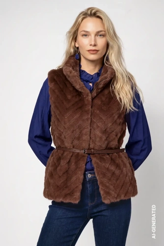 MONARI STUDIO BLUE Damen-Pelzweste in Braun mit Gürtel