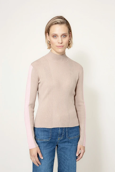 CATNOIR Damenpullover in Dunkelbeige mit rosa Streifen an den Ärmeln