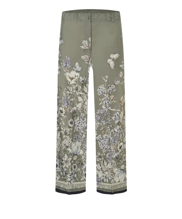 CAMBIO olivfarbene Damenhose mit Blumendruck weit