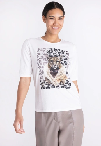 TUZZI QUIET WILD Damen-T-Shirt in Creme mit Aufdruck und Strasssteinen TUZZI QUIET WILD Damen-T-Shirt in Creme mit Aufdruck und Strasssteinen