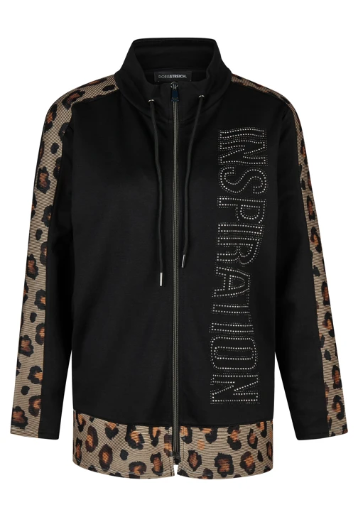 DORIS STREICH Damenjacke, schwarz mit Leopardenbesatz