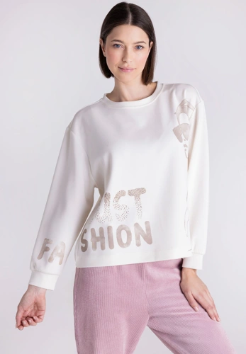 TUZZI STAY WARM Damen-Sweatshirt in Creme mit Aufdruck und Strasssteinen TUZZI STAY WARM Damen-Sweatshirt in Creme mit Aufdruck und Strasssteinen