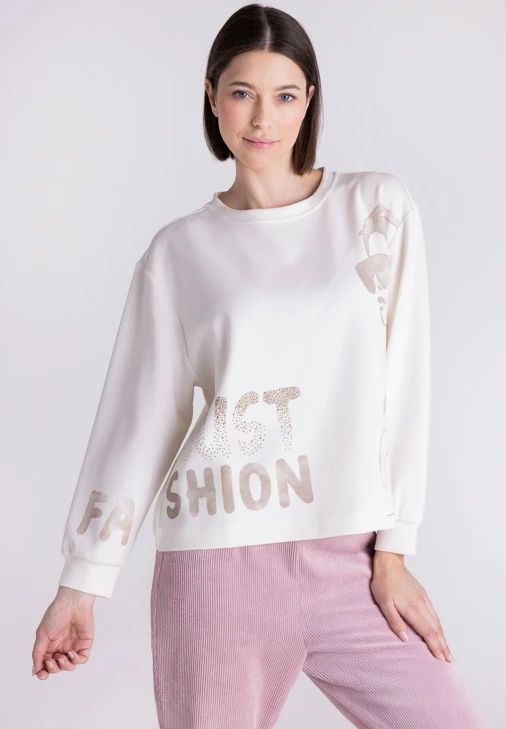 TUZZI STAY WARM Damen-Sweatshirt in Creme mit Aufdruck und Strasssteinen