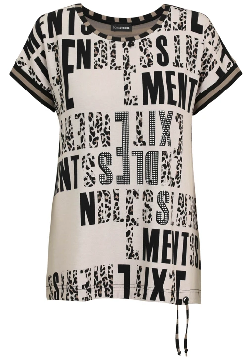 DORIS STREICH Damen Shirt schwarz und beige mit Druck und Strasssteinen