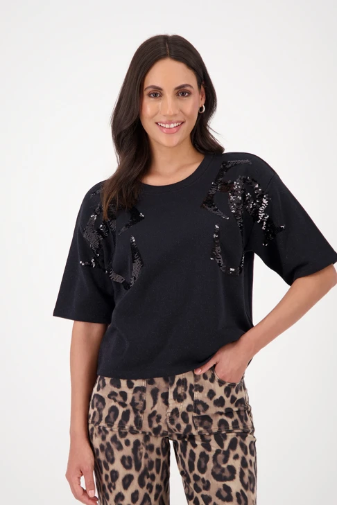 MONARI MONTANA Damen Sweatshirt schwarz mit Lurex und Pailletten kurzarm