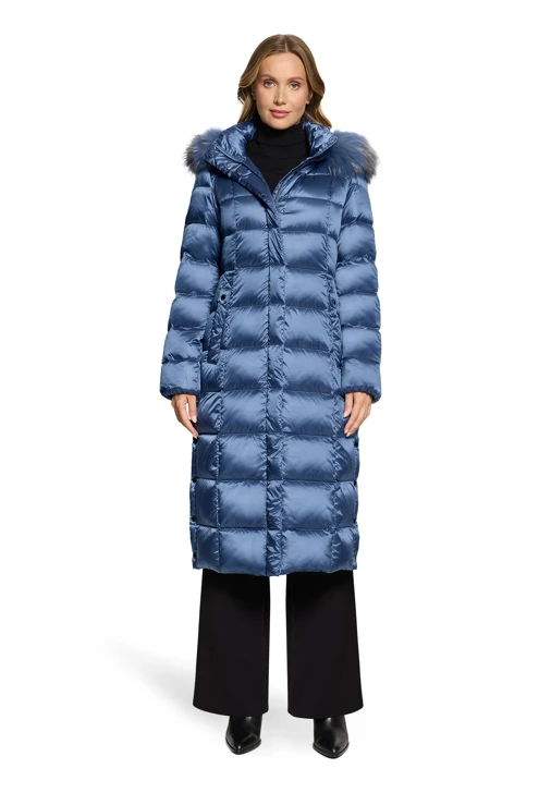BETTY BARCLAY Damen-Steppmantel aus Staubfedern und Waschbärfell, blau
