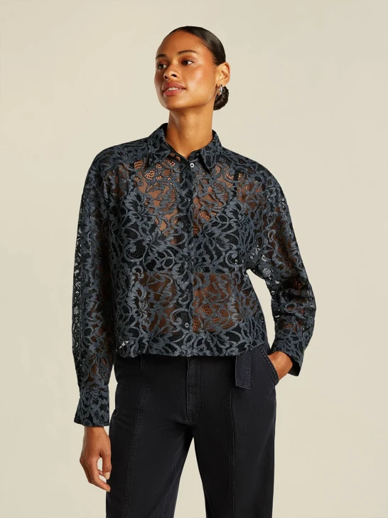 BEAUMONT Damenbluse schwarz grau Spitze